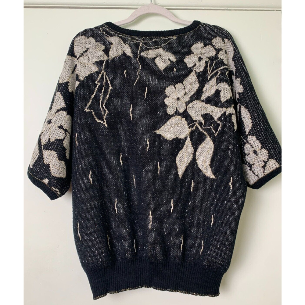 Vintage Excelsior Sweater Top Floral Print Black Gray Gold Accent